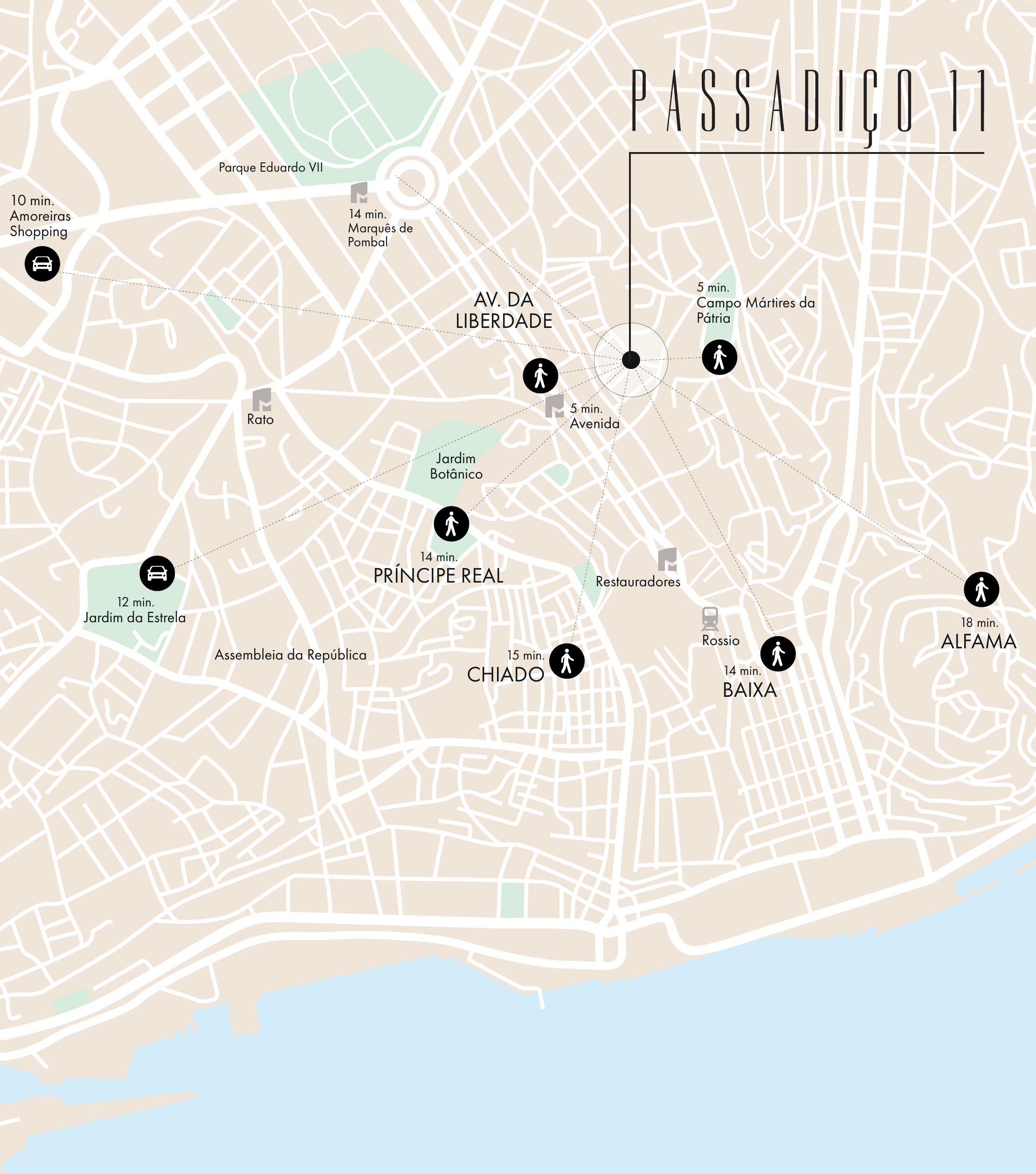 Mapa da envolvente do Passadiço 11 com tempos de deslocação